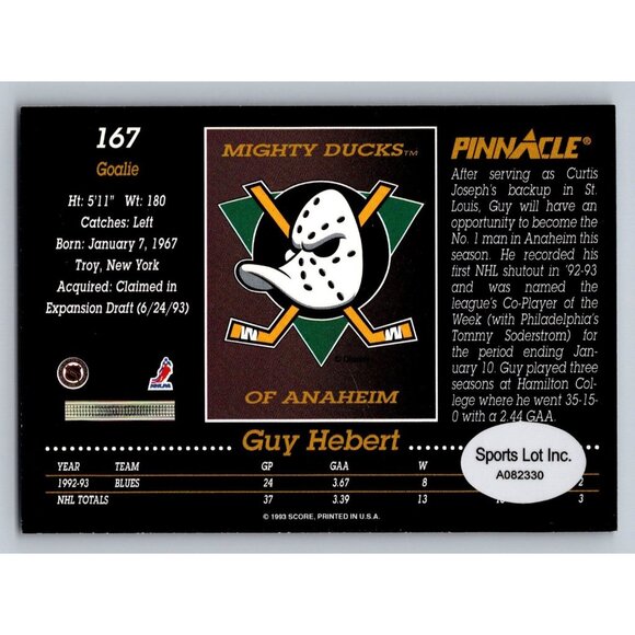Guy Hebert Signed 1993 Pinnacle Mighty Ducks Anaheim Hockey Card #167 - Picture 2 of 2
